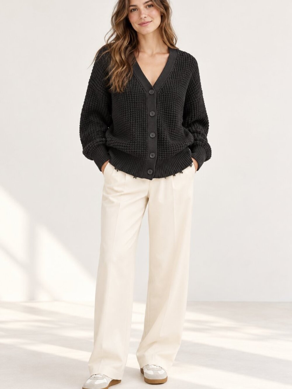 Qualfort Charcoal Waffle Knit Button Cardigan Distressed Hem S